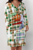 Street Plaid Pocket Patchwork Contrast V Neck Printed Plus Size Dresses