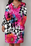 Street Plaid Flowers Pocket Contrast V Neck Printed Plus Size Dresses