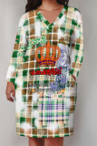 Street Plaid Pocket Patchwork Contrast V Neck Printed Plus Size Dresses