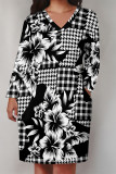 Street Plaid Flowers Pocket Contrast V Neck Printed Plus Size Dresses