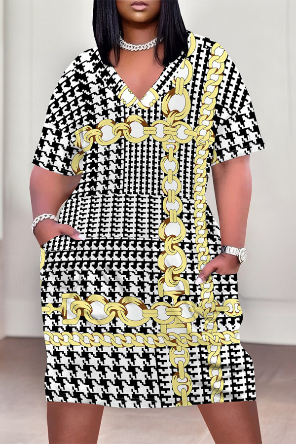 Casual Plaid Stripe Chain print Pocket Contrast V Neck Printed Plus Size Dresses