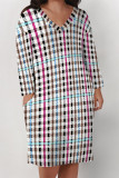 Street Plaid Pocket Patchwork Contrast V Neck Printed Plus Size Dresses