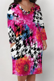Street Plaid Flowers Pocket Contrast V Neck Printed Plus Size Dresses