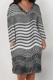 Street Plaid Pocket Patchwork Contrast V Neck Printed Plus Size Dresses