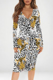 Sexy Camouflage Print Leopard Contrast V Neck Printed Dresses