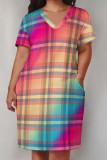 Casual Plaid Stripe Chain print Pocket Contrast V Neck Printed Plus Size Dresses