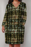 Street Plaid Pocket Patchwork Contrast V Neck Printed Plus Size Dresses