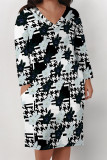Street Plaid Flowers Pocket Contrast V Neck Printed Plus Size Dresses