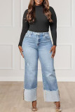 Casual Solid Color Patchwork Mid Waist Regular Denim Jeans