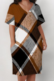 Casual Plaid Stripe Chain print Pocket Contrast V Neck Printed Plus Size Dresses