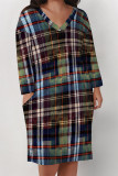 Street Plaid Pocket Patchwork Contrast V Neck Printed Plus Size Dresses