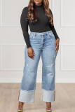 Casual Solid Color Patchwork Mid Waist Regular Denim Jeans