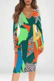 Sexy Camouflage Print Leopard Contrast V Neck Printed Dresses