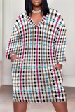 Street Plaid Pocket Patchwork Contrast V Neck Printed Plus Size Dresses