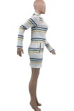 Casual Striped Print Buttons POLO collar Long Sleeve Dresses