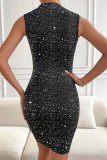 Sexy Solid Color Patchwork See-Through Sequined O Neck Wrapped Skirt Dresses