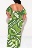 Sexy Geometric Print Ruffle Contrast Off Shoulder Long Dresses