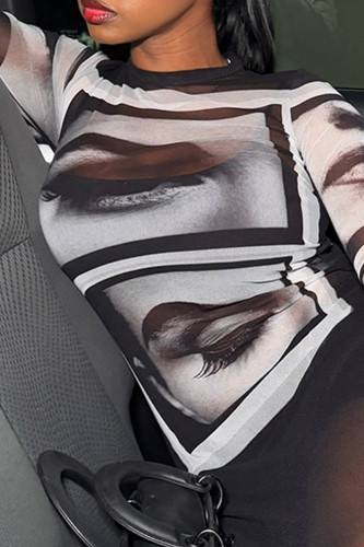 Casual Print Patchwork O Neck Tops