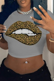 Street Letter Print Heart Shaped Lips Contrast O Neck T-Shirts