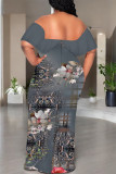 Sexy Geometric Print Ruffle Contrast Off Shoulder Long Dresses