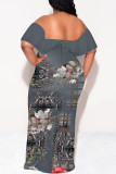 Sexy Geometric Print Ruffle Contrast Off Shoulder Long Dresses