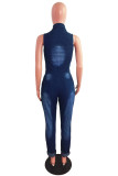 Fashion Casual Solid Ripped Buttons Turndown Collar Regular Jumpsuits
