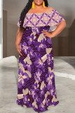 Casual Floral Print Stripe Ruffle Contrast Off Shoulder Long Dresses
