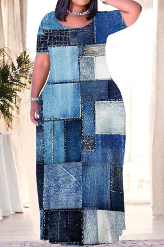 Casual Print Patchwork O Neck Long Plus Size Dresses