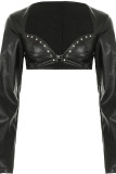 Sexy Solid Color Rivets Patchwork Asymmetrical Collar Tops
