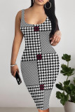 Sexy Plaid Floral Print Contrast U Neck Printed Dresses