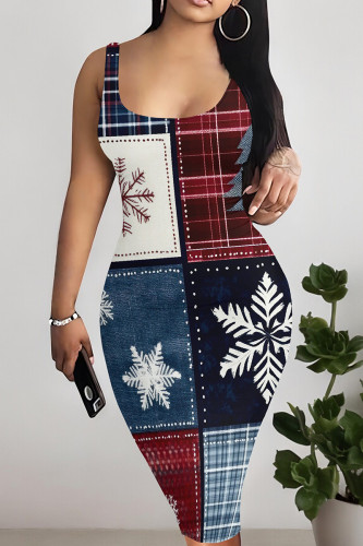 Casual Print Patchwork U Neck Wrapped Skirt Dresses