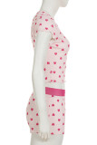 Casual Heart Shaped Buttons Patchwork O Neck Short Sleeve Two Pieces