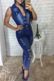 Fashion Casual Solid Ripped Buttons Turndown Collar Regular Jumpsuits