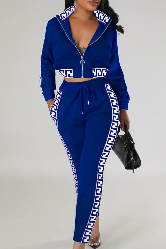 Casual Geometric Print Pocket Patchwork Zipper Zipper Collar Long Sleeve Two Pieces