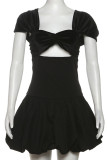 Sexy Solid Color Hollow Out Patchwork Asymmetrical Collar A Line Dresses