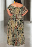 Sexy Geometric Print Flowers Leopard Ruffle Contrast Off Shoulder Long Dresses