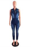 Fashion Casual Solid Ripped Buttons Turndown Collar Regular Jumpsuits