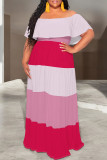 Casual Floral Print Stripe Ruffle Contrast Off Shoulder Long Dresses
