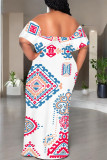 Street National Totem Print Ruffle Contrast Off Shoulder Long Dresses