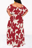 Casual Floral Print Stripe Ruffle Contrast Off Shoulder Long Dresses