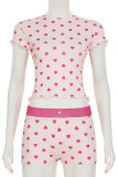 Casual Heart Shaped Buttons Patchwork O Neck Short Sleeve Two Pieces
