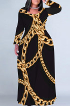 Casual Chain print Contrast O Neck Printed Plus Size Dresses
