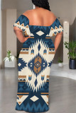 Street National Totem Print Ruffle Contrast Off Shoulder Long Dresses