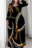 Casual Chain print Contrast O Neck Printed Plus Size Dresses