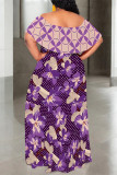 Casual Floral Print Stripe Ruffle Contrast Off Shoulder Long Dresses