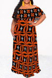 Casual Floral Print Stripe Ruffle Contrast Off Shoulder Long Dresses