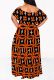 Casual Floral Print Stripe Ruffle Contrast Off Shoulder Long Dresses