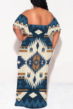 Street National Totem Print Ruffle Contrast Off Shoulder Long Dresses