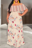 Casual Floral Print Stripe Ruffle Contrast Off Shoulder Long Dresses