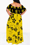 Sexy Geometric Print Flowers Leopard Ruffle Contrast Off Shoulder Long Dresses